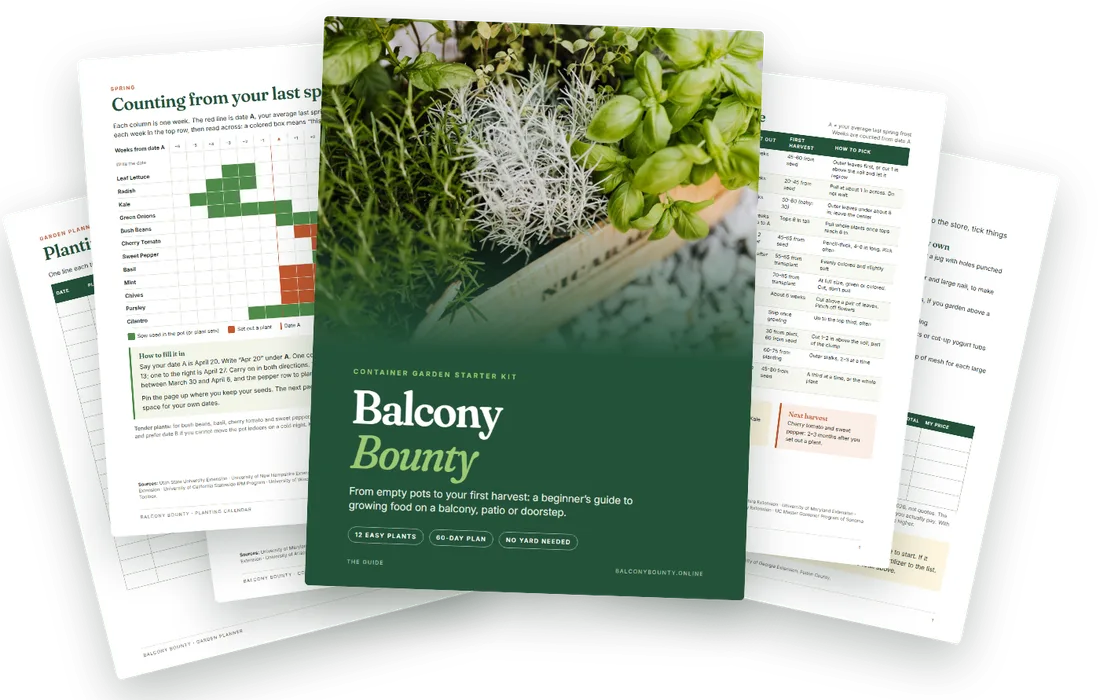 The six Balcony Bounty PDFs fanned out: the guide cover, the planting calendar, the quick reference card, the shopping list, the companion chart and the garden planner
